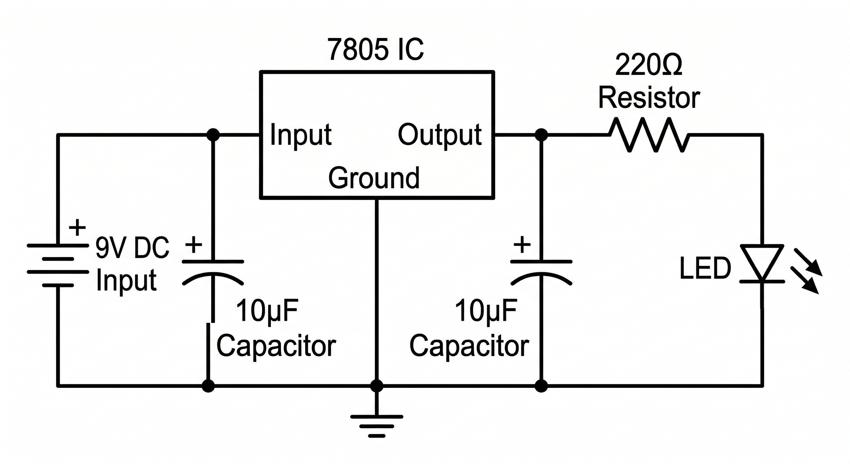 7805 voltage regulator circuit diagram with LED and resistor