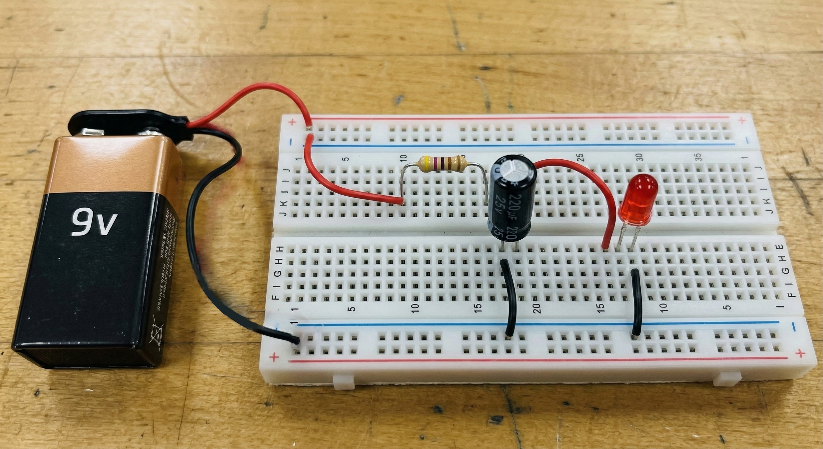 Breadboard layout of the Capacitor Charging and Discharging experiment