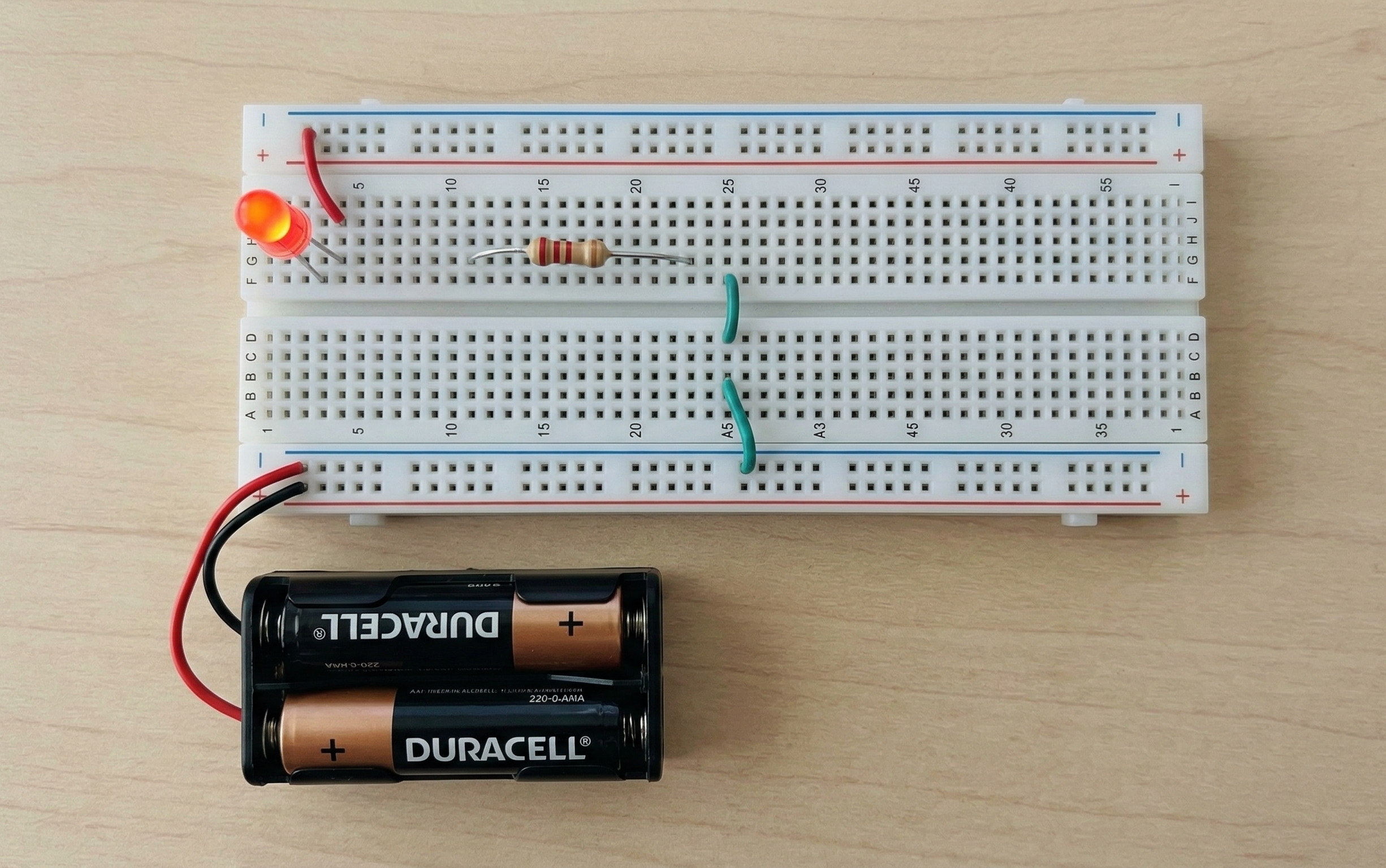 Breadboard layout of the LED Brightness Control with Resistor experiment